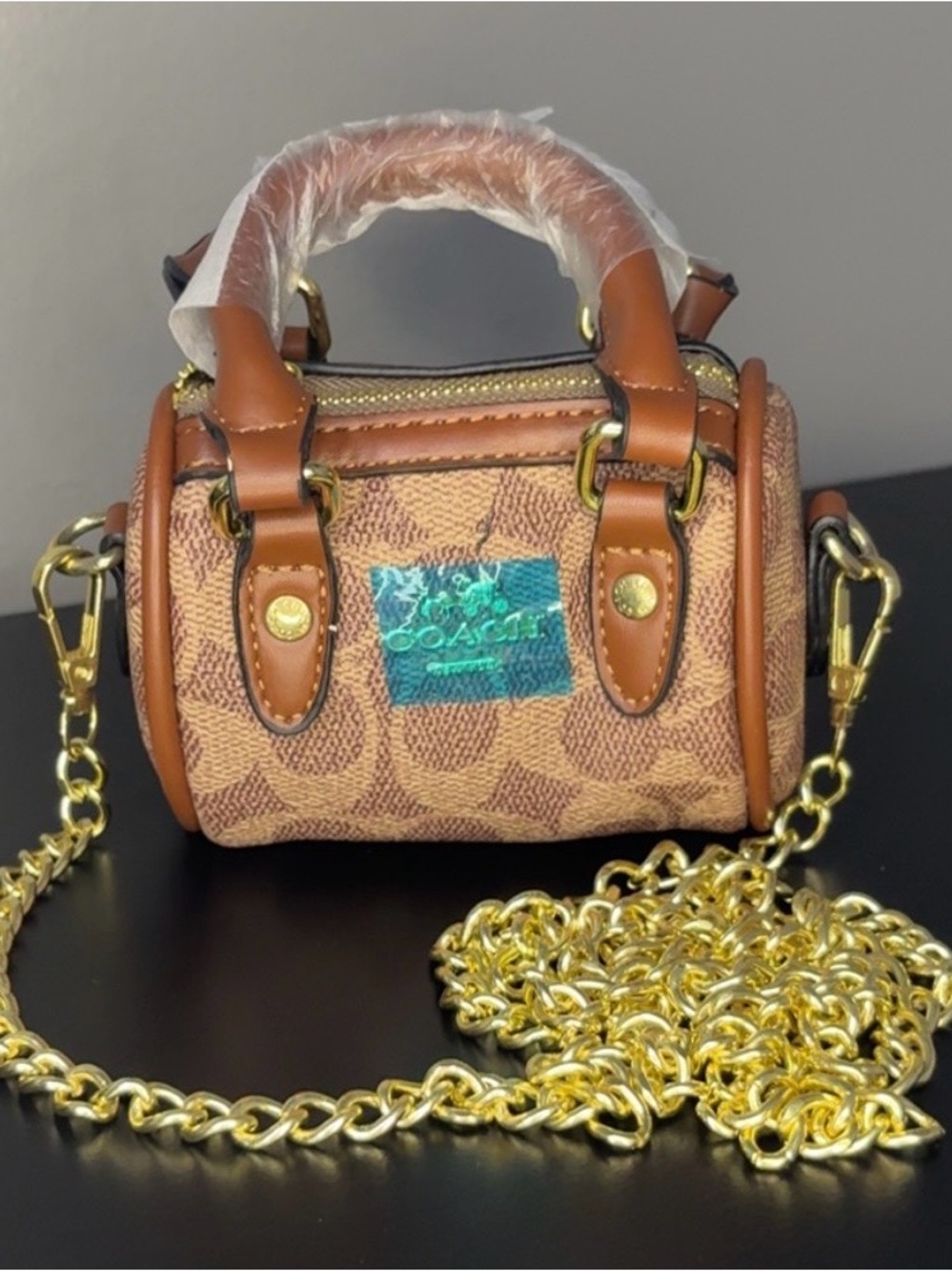 Coach Brown Signature Mini Barrel Bag with Gold Chain